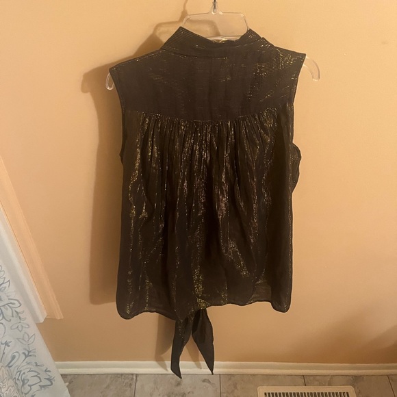 Mes Demoiselles Metallic Striped Tie Front Button Up Blouse in Black & Gold - Picture 3 of 6